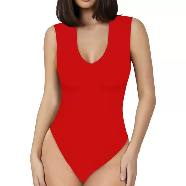 MANGOPOP Double Lined Sleeveless V Neck Tank Tops Fashion Bodysuits for WomenDeep V Neck Red