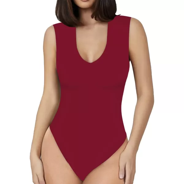 MANGOPOP Double Lined Sleeveless V Neck Tank Tops Fashion Bodysuits for WomenDeep V Neck Wine Red