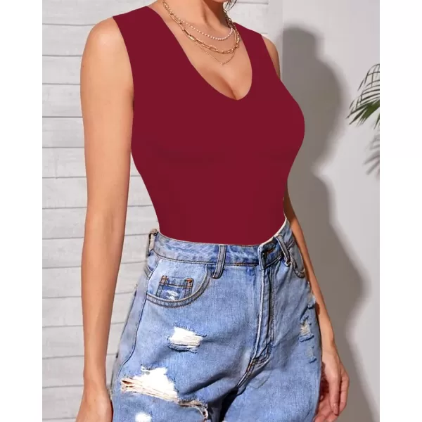 MANGOPOP Double Lined Sleeveless V Neck Tank Tops Fashion Bodysuits for WomenDeep V Neck Wine Red