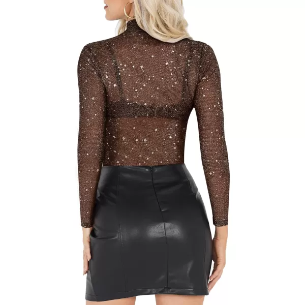 MANGOPOP Glitter Sheer Mesh Top Women Short Long Sleeve Sexy Shirt See Through Clubwear Tee Slim Blouse1111 Brown