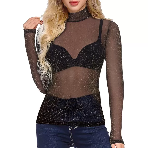 MANGOPOP Glitter Sheer Mesh Top Women Short Long Sleeve Sexy Shirt See Through Clubwear Tee Slim Blouse1111 Golden Glitter