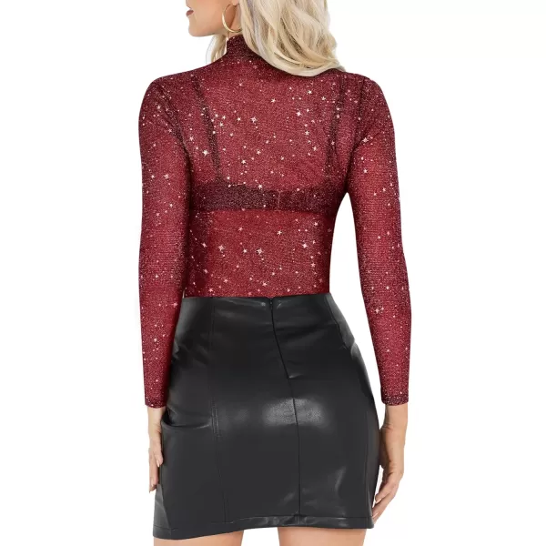 MANGOPOP Glitter Sheer Mesh Top Women Short Long Sleeve Sexy Shirt See Through Clubwear Tee Slim Blouse1111 Red