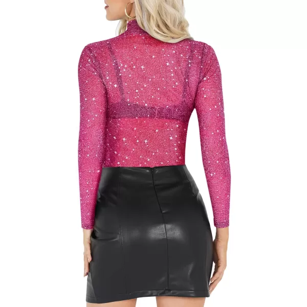 MANGOPOP Glitter Sheer Mesh Top Women Short Long Sleeve Sexy Shirt See Through Clubwear Tee Slim Blouse1111 Rose Pink