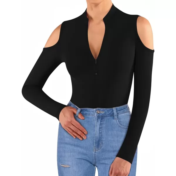 MANGOPOP Long Sleeve Body Suit Mock Turtle Neck Zip Up Bodysuit for Women Ribbed Deep V Sexy Bodysuit ShirtsA1cold Shoulder Black