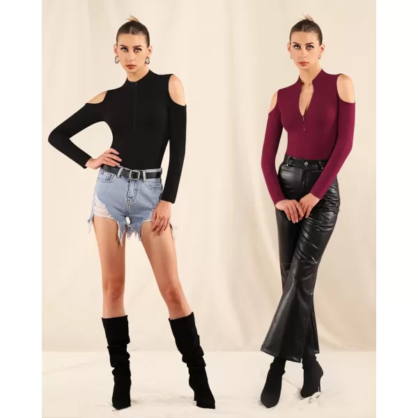 MANGOPOP Long Sleeve Body Suit Mock Turtle Neck Zip Up Bodysuit for Women Ribbed Deep V Sexy Bodysuit ShirtsA1cold Shoulder Burgundy