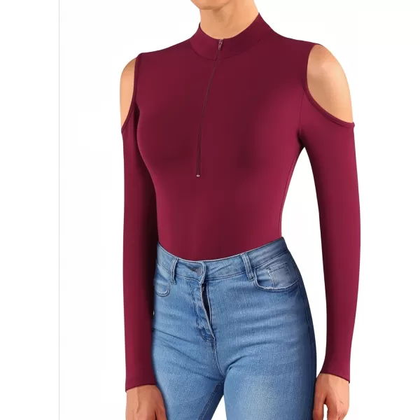 MANGOPOP Long Sleeve Body Suit Mock Turtle Neck Zip Up Bodysuit for Women Ribbed Deep V Sexy Bodysuit ShirtsA1cold Shoulder Burgundy