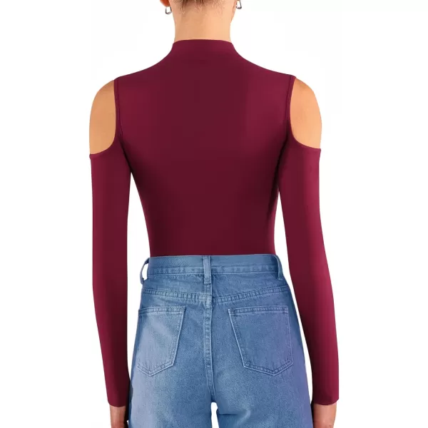 MANGOPOP Long Sleeve Body Suit Mock Turtle Neck Zip Up Bodysuit for Women Ribbed Deep V Sexy Bodysuit ShirtsA1cold Shoulder Burgundy