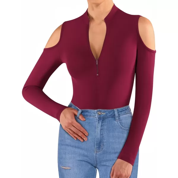 MANGOPOP Long Sleeve Body Suit Mock Turtle Neck Zip Up Bodysuit for Women Ribbed Deep V Sexy Bodysuit ShirtsA1cold Shoulder Burgundy