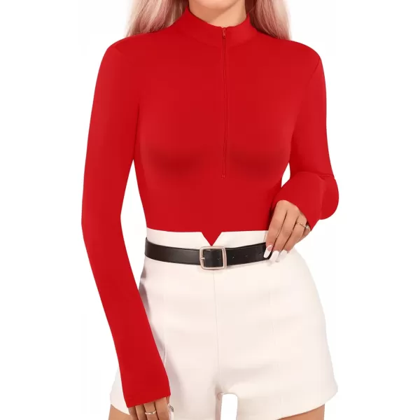 MANGOPOP Long Sleeve Body Suit Mock Turtle Neck Zip Up Bodysuit for Women Ribbed Deep V Sexy Bodysuit ShirtsA2fleece Lined Red