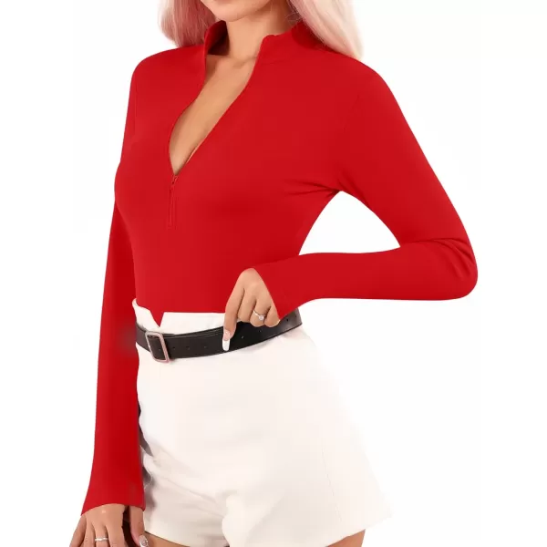 MANGOPOP Long Sleeve Body Suit Mock Turtle Neck Zip Up Bodysuit for Women Ribbed Deep V Sexy Bodysuit ShirtsA2fleece Lined Red