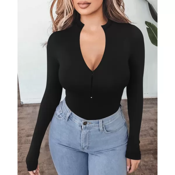 MANGOPOP Long Sleeve Body Suit Mock Turtle Neck Zip Up Bodysuit for Women Ribbed Deep V Sexy Bodysuit ShirtsAlong Sleeve Black Mock V Neck