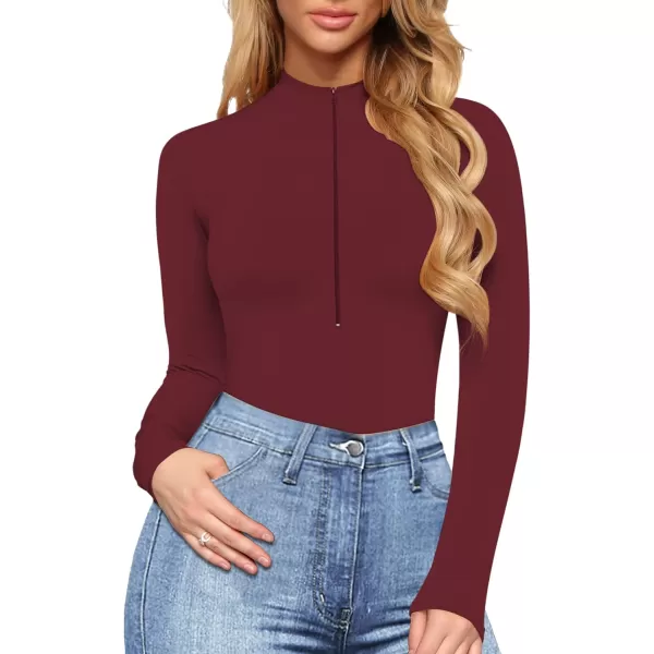 MANGOPOP Long Sleeve Body Suit Mock Turtle Neck Zip Up Bodysuit for Women Ribbed Deep V Sexy Bodysuit ShirtsAlong Sleeve Burgundy Mock V Neck