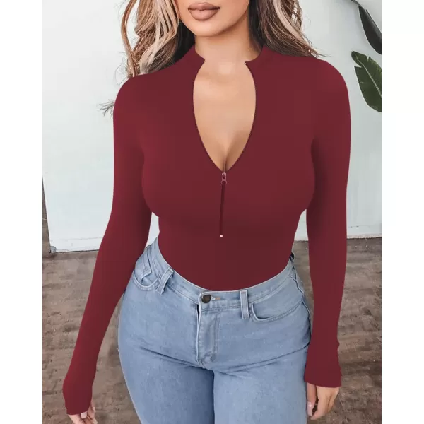 MANGOPOP Long Sleeve Body Suit Mock Turtle Neck Zip Up Bodysuit for Women Ribbed Deep V Sexy Bodysuit ShirtsAlong Sleeve Burgundy Mock V Neck