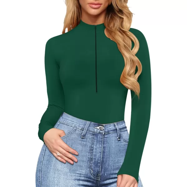 MANGOPOP Long Sleeve Body Suit Mock Turtle Neck Zip Up Bodysuit for Women Ribbed Deep V Sexy Bodysuit ShirtsAlong Sleeve Deep Green Mock V Neck