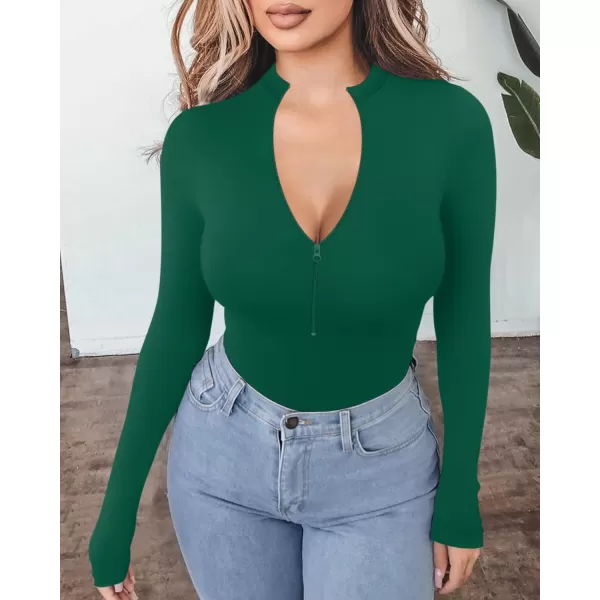 MANGOPOP Long Sleeve Body Suit Mock Turtle Neck Zip Up Bodysuit for Women Ribbed Deep V Sexy Bodysuit ShirtsAlong Sleeve Deep Green Mock V Neck