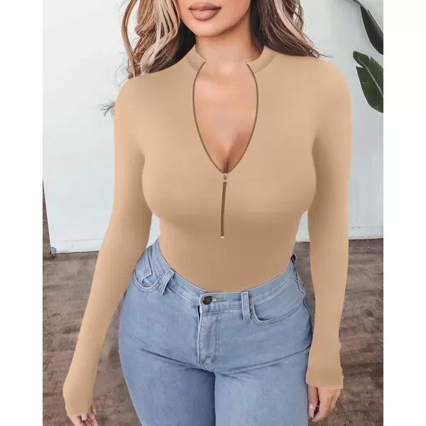 MANGOPOP Long Sleeve Body Suit Mock Turtle Neck Zip Up Bodysuit for Women Ribbed Deep V Sexy Bodysuit ShirtsAlong Sleeve Mocha Mock V Neck