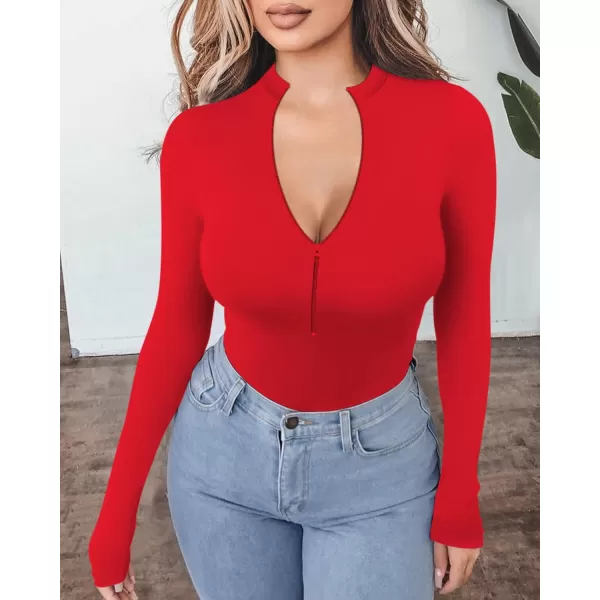 MANGOPOP Long Sleeve Body Suit Mock Turtle Neck Zip Up Bodysuit for Women Ribbed Deep V Sexy Bodysuit ShirtsAlong Sleeve Red Mock V Neck