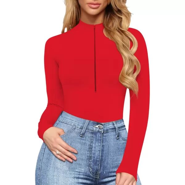 MANGOPOP Long Sleeve Body Suit Mock Turtle Neck Zip Up Bodysuit for Women Ribbed Deep V Sexy Bodysuit ShirtsAlong Sleeve Red Mock V Neck