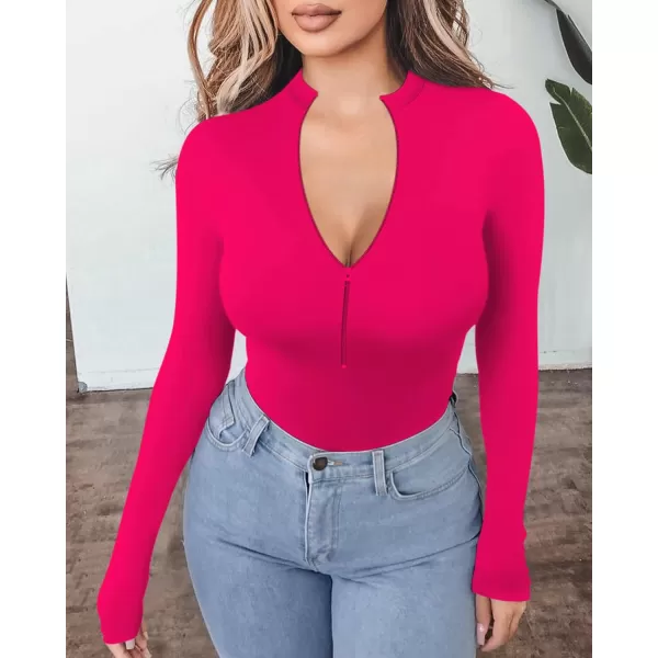 MANGOPOP Long Sleeve Body Suit Mock Turtle Neck Zip Up Bodysuit for Women Ribbed Deep V Sexy Bodysuit ShirtsAlong Sleeve Rose Pink Mock V Neck