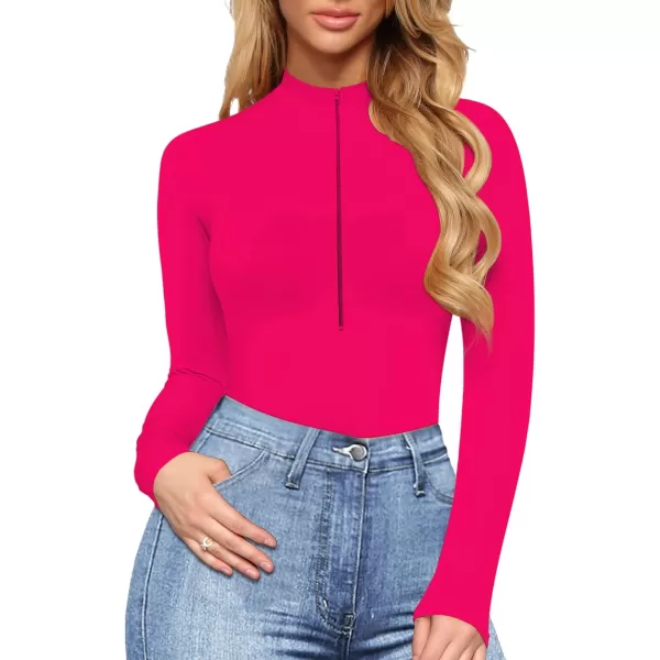 MANGOPOP Long Sleeve Body Suit Mock Turtle Neck Zip Up Bodysuit for Women Ribbed Deep V Sexy Bodysuit ShirtsAlong Sleeve Rose Pink Mock V Neck