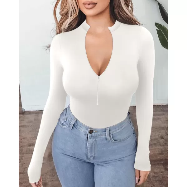 MANGOPOP Long Sleeve Body Suit Mock Turtle Neck Zip Up Bodysuit for Women Ribbed Deep V Sexy Bodysuit ShirtsAlong Sleeve White Mock V Neck