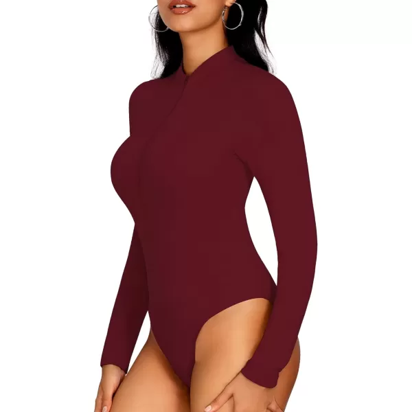 MANGOPOP Long Sleeve Body Suit Mock Turtle Neck Zip Up Bodysuit for Women Ribbed Deep V Sexy Bodysuit ShirtsBlackburgundy 2 Pack