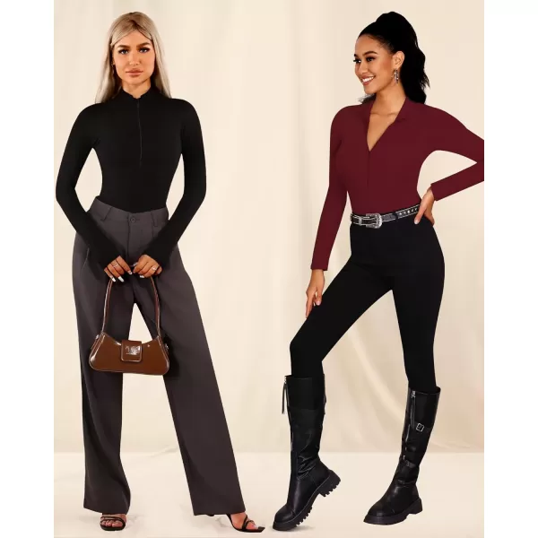 MANGOPOP Long Sleeve Body Suit Mock Turtle Neck Zip Up Bodysuit for Women Ribbed Deep V Sexy Bodysuit ShirtsBlackburgundy 2 Pack