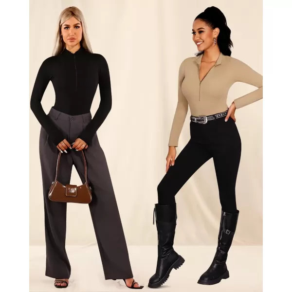 MANGOPOP Long Sleeve Body Suit Mock Turtle Neck Zip Up Bodysuit for Women Ribbed Deep V Sexy Bodysuit ShirtsBlackmocha 2 Pack