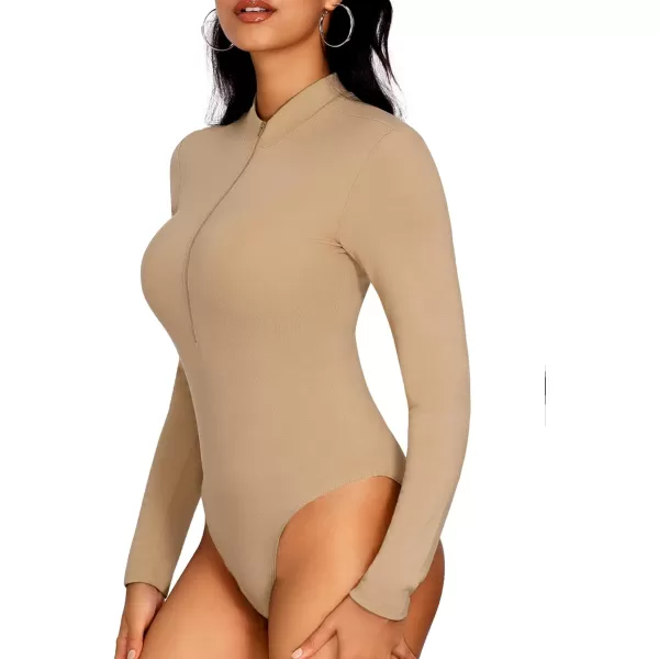 MANGOPOP Long Sleeve Body Suit Mock Turtle Neck Zip Up Bodysuit for Women Ribbed Deep V Sexy Bodysuit ShirtsBlackmocha 2 Pack