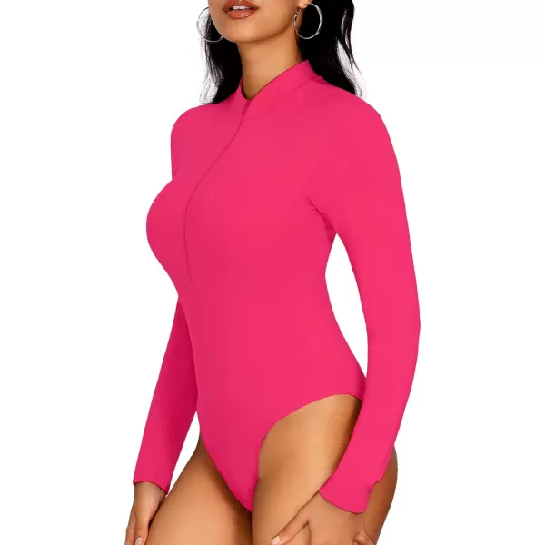 MANGOPOP Long Sleeve Body Suit Mock Turtle Neck Zip Up Bodysuit for Women Ribbed Deep V Sexy Bodysuit ShirtsBlackrose Pink 2 Pack