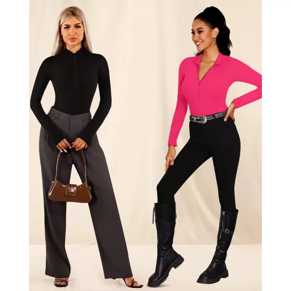 MANGOPOP Long Sleeve Body Suit Mock Turtle Neck Zip Up Bodysuit for Women Ribbed Deep V Sexy Bodysuit ShirtsBlackrose Pink 2 Pack