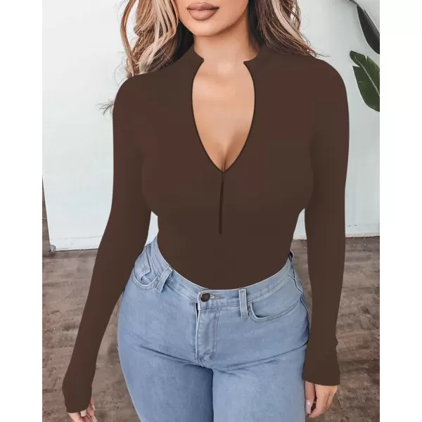 MANGOPOP Long Sleeve Body Suit Mock Turtle Neck Zip Up Bodysuit for Women Ribbed Deep V Sexy Bodysuit ShirtsLong Sleeve Coffee Mock V Neck