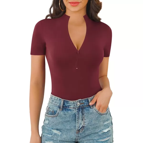 MANGOPOP Long Sleeve Body Suit Mock Turtle Neck Zip Up Bodysuit for Women Ribbed Deep V Sexy Bodysuit ShirtsShort Sleeve Burgundy Mock V Neck