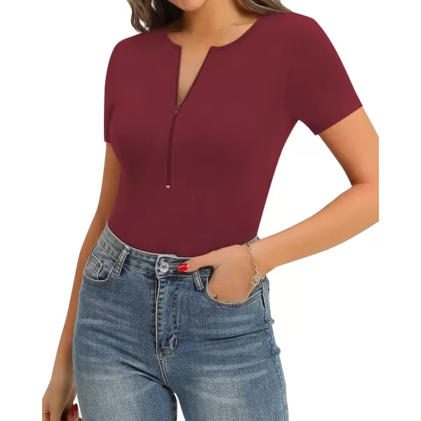 MANGOPOP Long Sleeve Body Suit Mock Turtle Neck Zip Up Bodysuit for Women Ribbed Deep V Sexy Bodysuit ShirtsShort Sleeve Burgundy Round V Neck