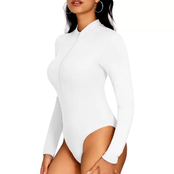 MANGOPOP Long Sleeve Body Suit Mock Turtle Neck Zip Up Bodysuit for Women Ribbed Deep V Sexy Bodysuit ShirtsWhitemocha 2 Pack