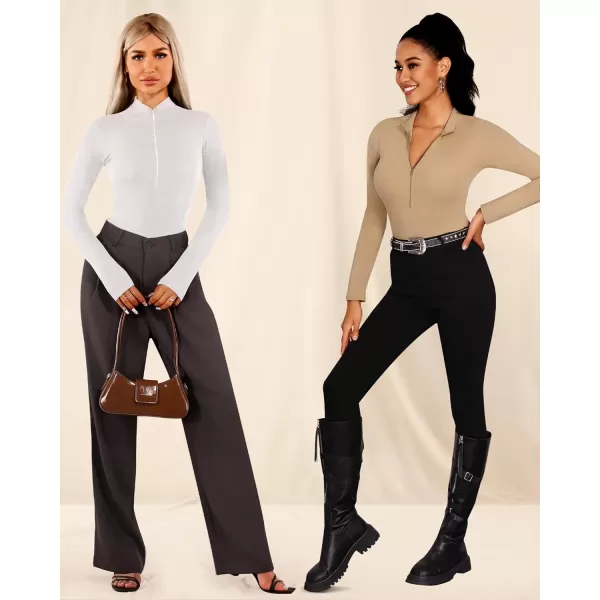 MANGOPOP Long Sleeve Body Suit Mock Turtle Neck Zip Up Bodysuit for Women Ribbed Deep V Sexy Bodysuit ShirtsWhitemocha 2 Pack