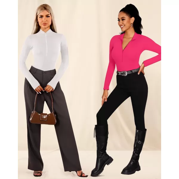 MANGOPOP Long Sleeve Body Suit Mock Turtle Neck Zip Up Bodysuit for Women Ribbed Deep V Sexy Bodysuit ShirtsWhiterose Pink 2 Pack