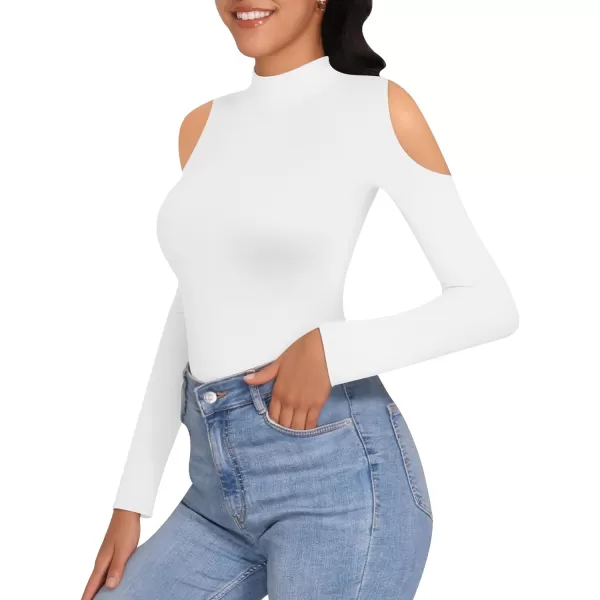 MANGOPOP Long Sleeve Body Suits for Womens Turtleneck Bodysuit Going Out Tops with Sexy Shoulder CutoutA White