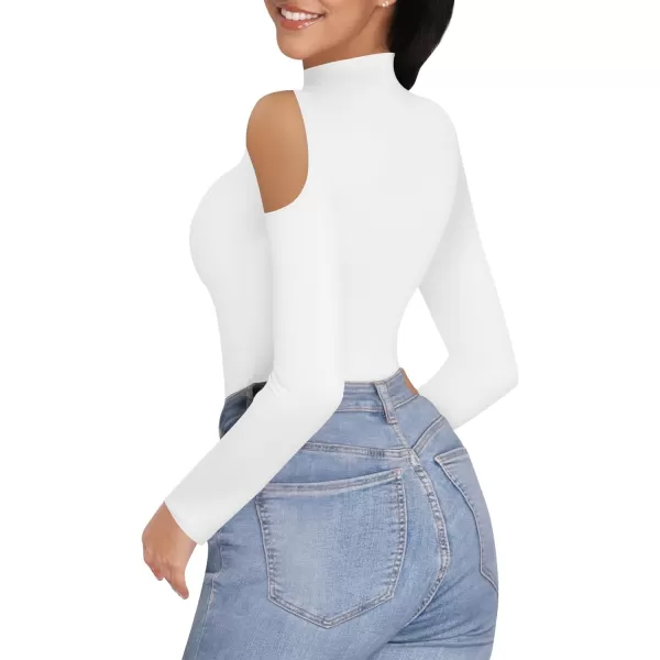 MANGOPOP Long Sleeve Body Suits for Womens Turtleneck Bodysuit Going Out Tops with Sexy Shoulder CutoutA White