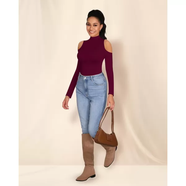 MANGOPOP Long Sleeve Body Suits for Womens Turtleneck Bodysuit Going Out Tops with Sexy Shoulder CutoutBurgundy