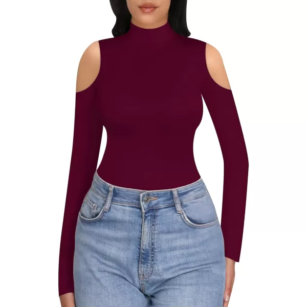 MANGOPOP Long Sleeve Body Suits for Womens Turtleneck Bodysuit Going Out Tops with Sexy Shoulder CutoutBurgundy