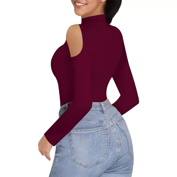 MANGOPOP Long Sleeve Body Suits for Womens Turtleneck Bodysuit Going Out Tops with Sexy Shoulder CutoutBurgundy