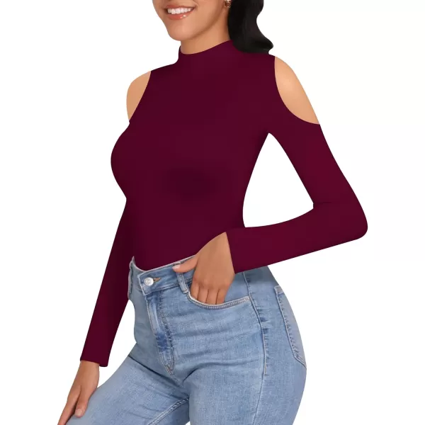 MANGOPOP Long Sleeve Body Suits for Womens Turtleneck Bodysuit Going Out Tops with Sexy Shoulder CutoutBurgundy