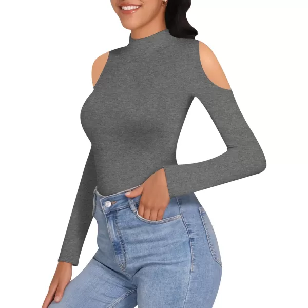 MANGOPOP Long Sleeve Body Suits for Womens Turtleneck Bodysuit Going Out Tops with Sexy Shoulder CutoutDark Heather Grey