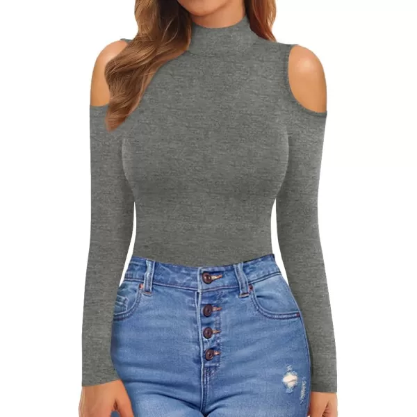 MANGOPOP Long Sleeve Body Suits for Womens Turtleneck Bodysuit Going Out Tops with Sexy Shoulder CutoutDark Heather Grey