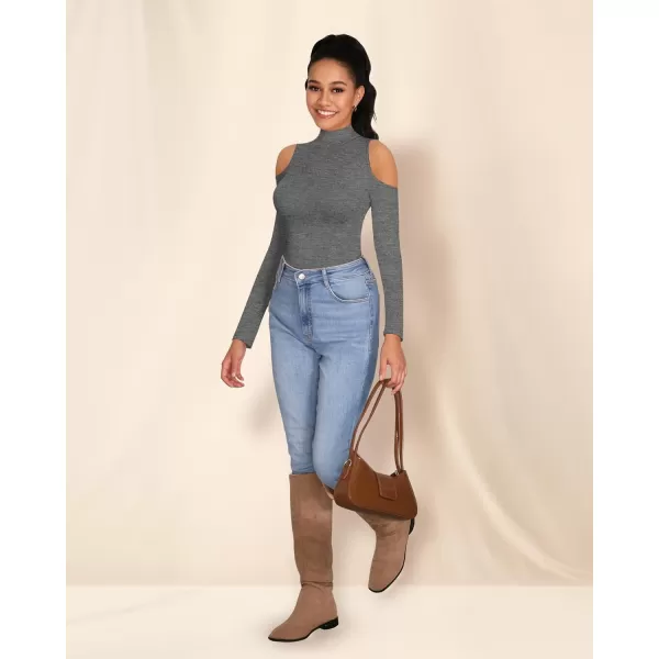 MANGOPOP Long Sleeve Body Suits for Womens Turtleneck Bodysuit Going Out Tops with Sexy Shoulder CutoutDark Heather Grey