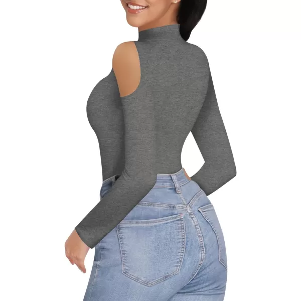 MANGOPOP Long Sleeve Body Suits for Womens Turtleneck Bodysuit Going Out Tops with Sexy Shoulder CutoutDark Heather Grey