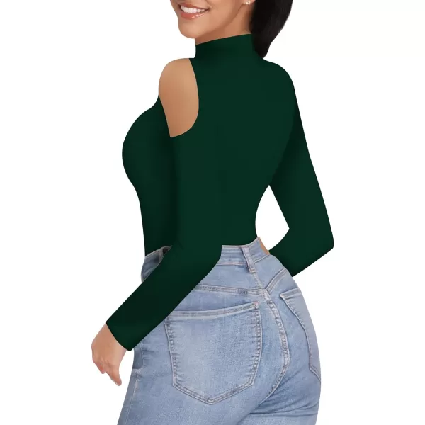 MANGOPOP Long Sleeve Body Suits for Womens Turtleneck Bodysuit Going Out Tops with Sexy Shoulder CutoutDeep Green