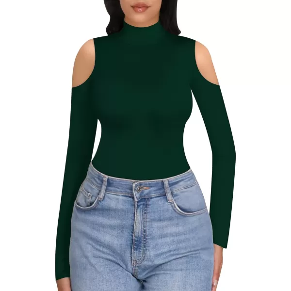 MANGOPOP Long Sleeve Body Suits for Womens Turtleneck Bodysuit Going Out Tops with Sexy Shoulder CutoutDeep Green