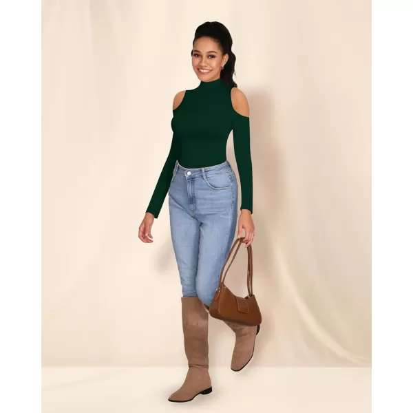 MANGOPOP Long Sleeve Body Suits for Womens Turtleneck Bodysuit Going Out Tops with Sexy Shoulder CutoutDeep Green